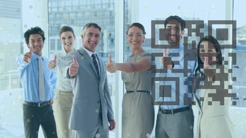 Animation of qr code over diverse business people in office Stock Footage 330296649