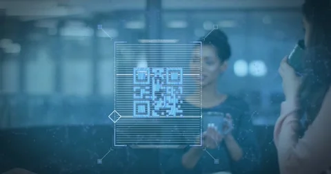 Animation of qr code over diverse business people having meeting at office Stock Footage 330336967