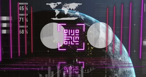 Animation of qr code over globe and data processing on black background Stock Footage 329687284