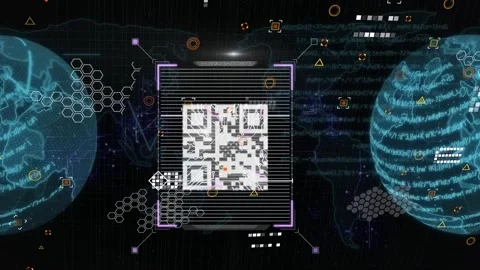 Animation of qr code over icons, connections, globe and fingerprint scanning on Stock Footage 330657781