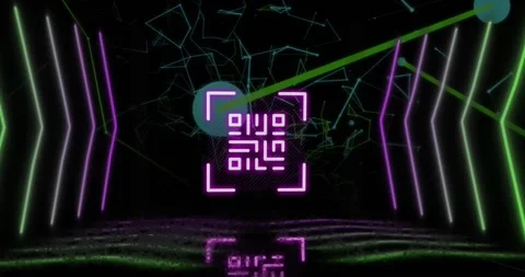 Animation of qr code over neon shapes and network of connections on black Stock Footage 327195191
