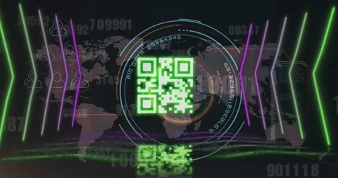 Animation of qr code over neon shapes and scope scanning on black background Stock Footage 327361875
