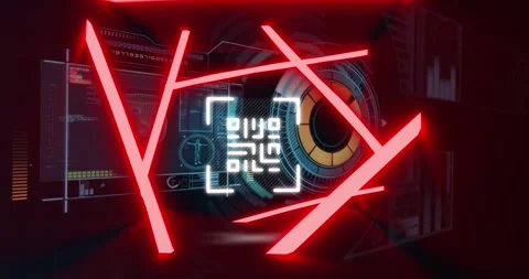 Animation of qr code over neon shapes and data processing on black background Stock Footage 330054129