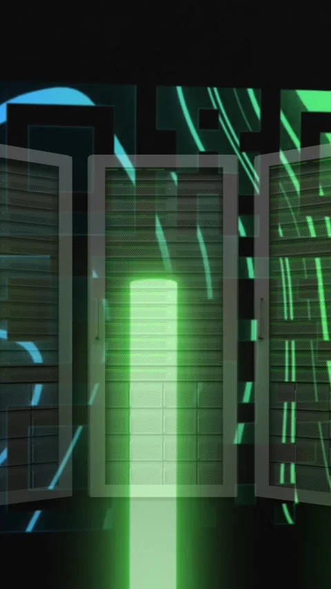 Animation of qr code over neon shapes and server room on black background Video stock 342914836
