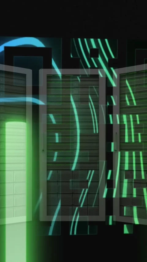 Animation of qr code over neon shapes and server room on black background Stockbeeldmateriaal 343027806