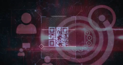 Animation of qr code over network of connections and icons on black background Stock Footage 326875236
