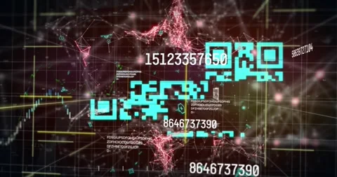 Animation of qr code over numbers, graph, data and brown background Stock Footage 329774859