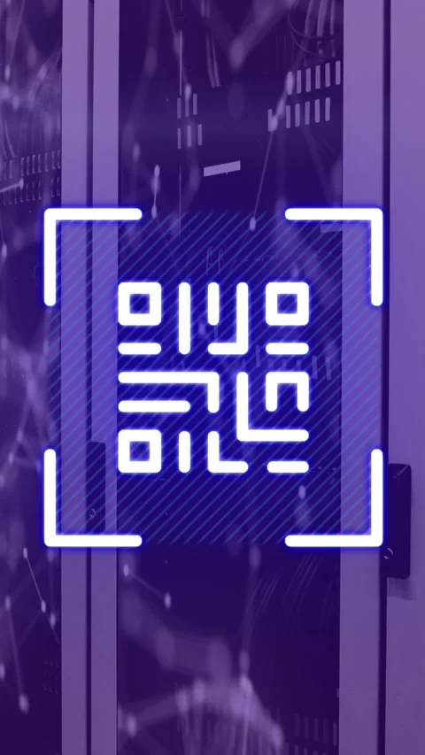 Animation of qr code over server room Video stock 344774414