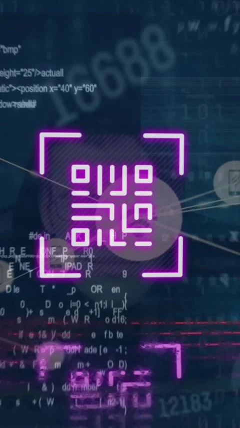 Animation of qr code, programming language and binary codes over close-up of Stock Footage 319371713