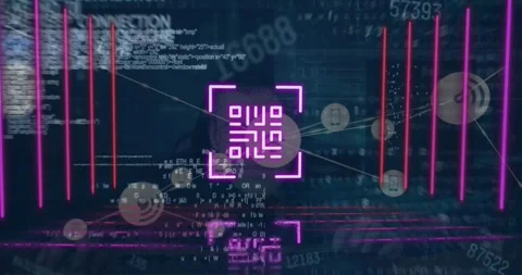 Animation of qr code, programming language and binary codes over close-up of Stock Footage 328407804