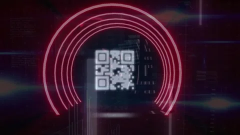 Animation of qr code in red tunnel with lens flare and bar graphs over abstract Stock Footage 326190326