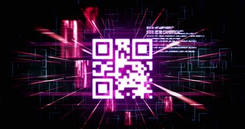 Animation of qr code in rhombus pattern and programming language over abstract Stock Footage 329511155