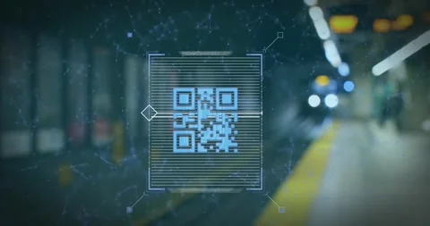 Animation of qr code scanner against blurred view of train arriving at a station Stock Footage 255106311