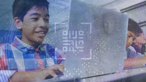 Animation of qr code scanner and microprocessor connections over indian boy Video stock 229828713