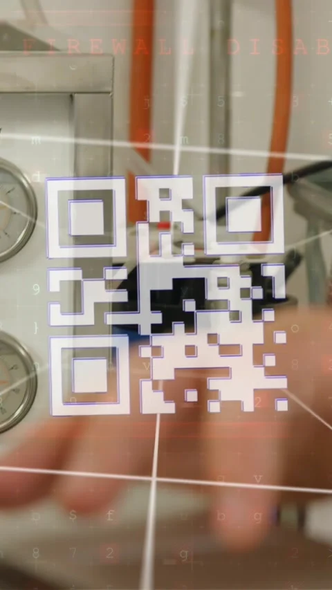 Animation of qr code scanner and data processing over caucasian engineer using Video stock 321215995