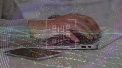 Animation of qr code scanner and digital waves over mid section of man using Stock Footage 326306624