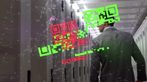 Animation of qr code scanner and network of connections over male engineer Stock Footage 327523809