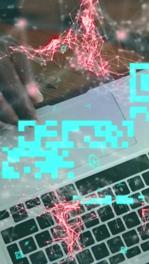 Animation of qr code scanner over mid section of diverse people discussing over Video stock 320183652