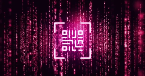Animation of qr code scanner over neon pink light trails against black Video stock 325965832