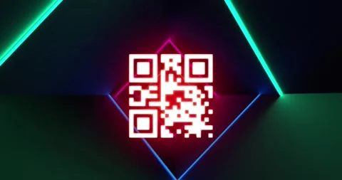 Animation of qr code scanner over neon light trails in seamless pattern against 動画素材 328083018