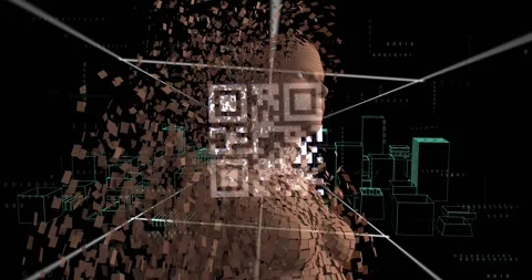 Animation of qr code scanner over human body model against spinning 3d city Stock-Footage 330052245