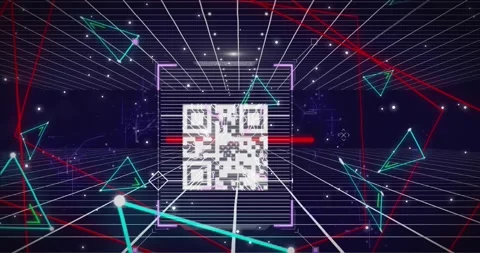 Animation of qr code scanner, white spots and plexus networks over grid network Stock Footage 330732604