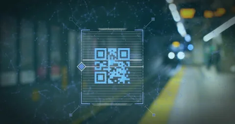 Animation of QR code scanning with blue web connections over underground train Video stock 142201754