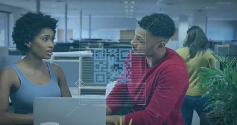 Animation of qr code scanning in square over diverse coworkers sharing ideas on Stockbeeldmateriaal 257173686