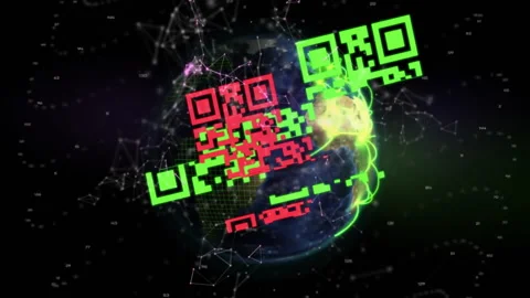 Animation of qr code with shapes and globe on black background Stock Footage 310770871