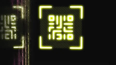 Animation of qr code in viewfinder and multicolored lines against black Stock Footage 313038231
