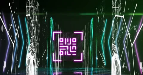 Animation of qr code in viewfinder and arrows, dots connected with lines against Stock Footage 327445954