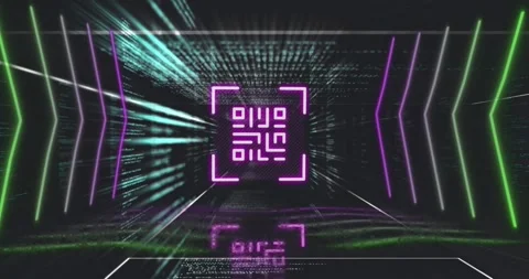 Animation of qr code in viewfinder and arrows over programming language against Stockbeeldmateriaal 330399896