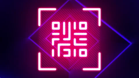 Animation of qr code in viewfinder over rhombuses tunnel against blue background Stock Footage 312366206