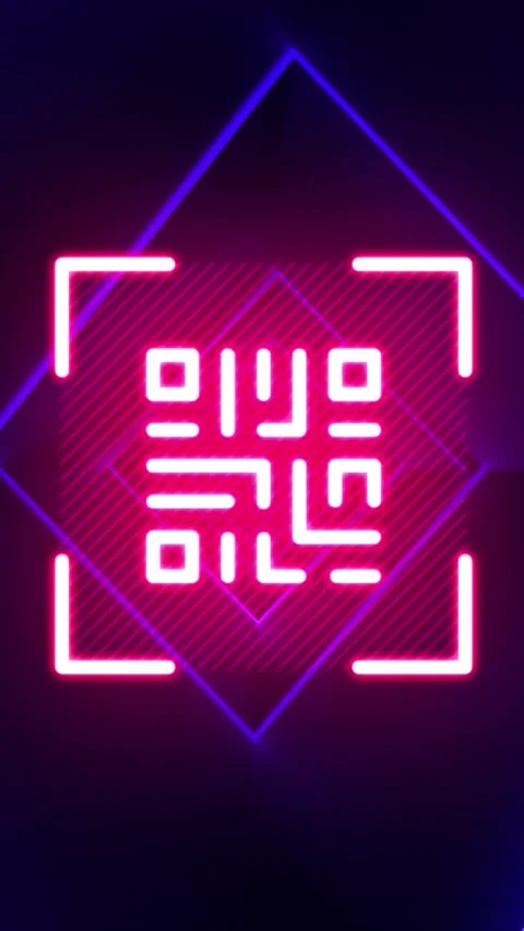 Animation of qr code in viewfinder over rhombuses tunnel against blue background Stock Footage 321039464