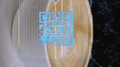 Animation of QR code with web connection over woman holding cup of coffee Stock Footage 312351374