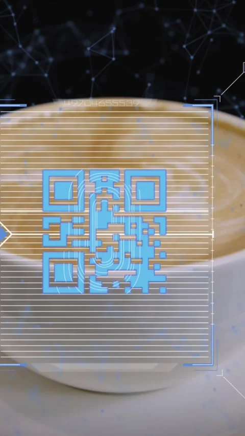 Animation of QR code with web connection over woman holding cup of coffee Stock Footage 323898804
