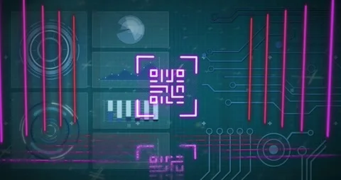 Animation of qr codes with lines over infographic interface against blue Stock Footage 330291373