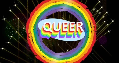 Animation of queer text and rainbow circles with fireworks exploding on black 스톡 동영상 328228860