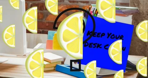 Animation of question mark and lemons over school items and keep your desk clean Stock Footage 330294925