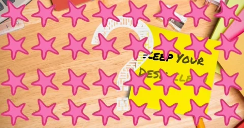 Animation of question mark and stars over school items and keep your desk clean Stock Footage 329033260