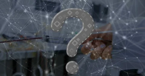Animation of question mark over network of connections and hand holding tongs Stock Footage 328648391