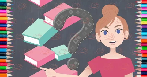 Animation of question mark over teacher and books icons 動画素材 315733785