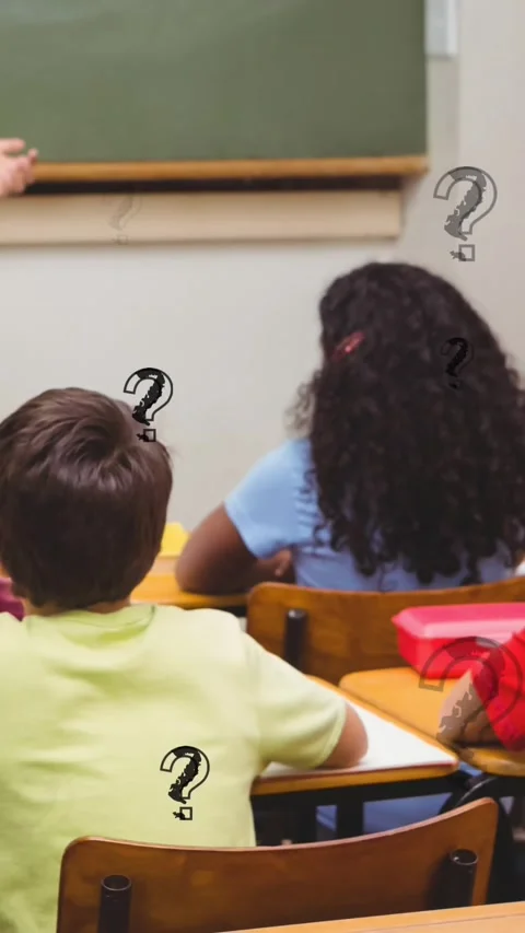 Animation of question mark symbols against caucasian female teacher teaching Stock Footage 344557836