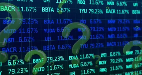 Animation of question mark symbols, grid pattern and trading board over abstract Stock Footage 325704396