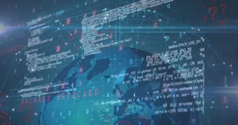 Animation of question marks, data processing and malware text over globe 動画素材 325962265