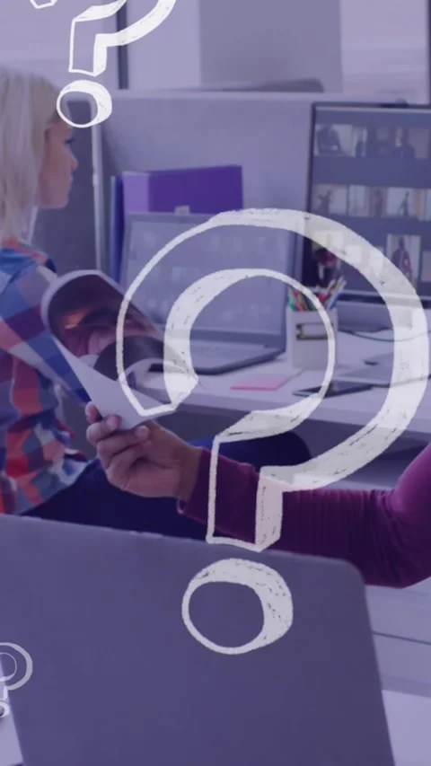 Animation of question marks icons over diverse business people holding document Stock Footage 324703053