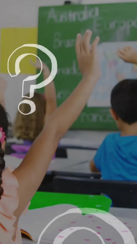 Animation of question marks over diverse schoolchildren raising hands Stock Footage 342676669