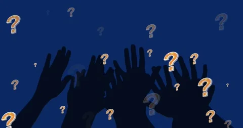 Animation of question marks over hands on blue background Stock Footage 329221773