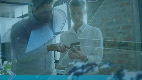 Animation of radar and computer language over diverse coworkers using smartphone Stock Footage 326301040