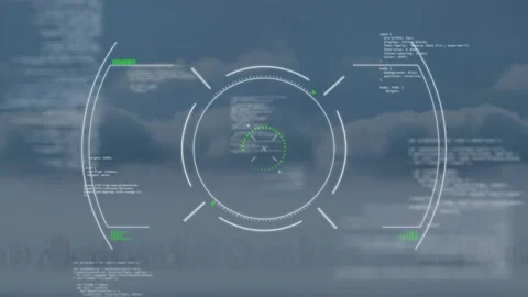 Animation of radar and programming language over aerial view of clouds in sky 스톡 동영상 327005236